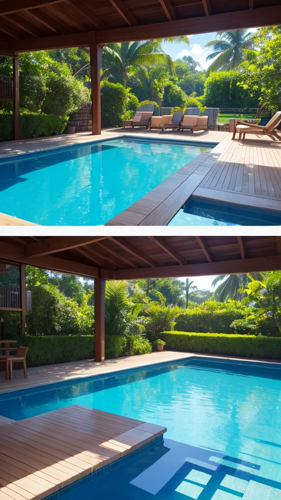 (masterpiece,Highest quality:8K) Close-up of a swimming pool with sofas and tables, Next to the tropical pool, Next to the pool, Close to real nature, 😭 🤮 💕 🎀, beautiful place, Calm and peaceful style, Snapchat Photos, paradise in the background, 素晴らしいmasterpiece, Dreamy details, Dream Pool, Sit on the edge of the pool, Pools and Streams