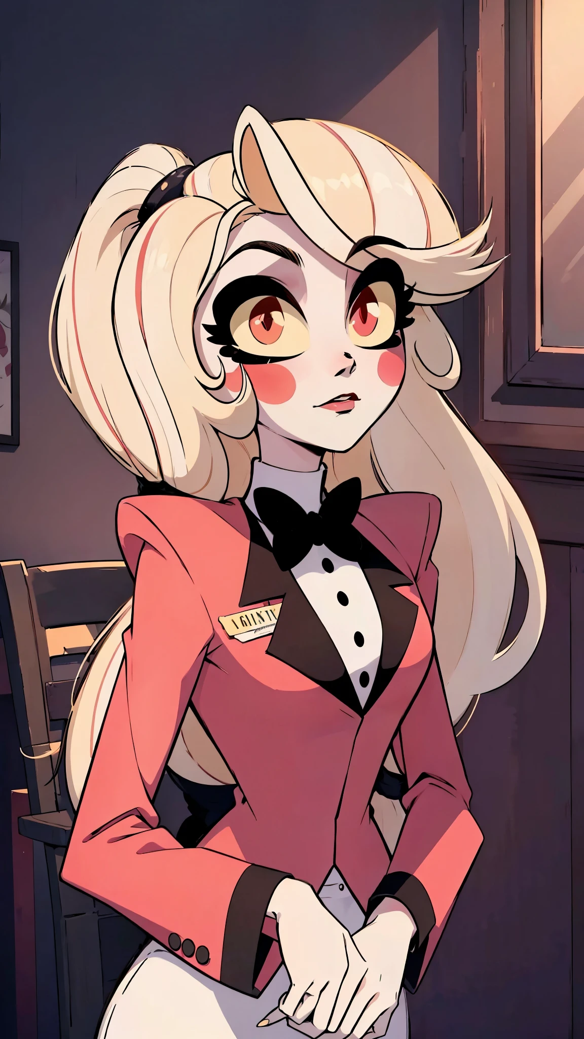 Charlie, pretty girl, cute face, sparkling eyes, sweet expression, soft smile, looking at viewer, lovely,kawaii background, redSuit, White skin, rosy cheek, blonde ankle-length hair,  twice-banded ponytail with two black hair ties,eyes with light yellow sclera, red pupils, s red tuxedo-jacket with darker-colored lapels, high-collared white untucked dress-shirt with small black buttons on the upper-front, small black bowtie and black suspenders over her shoulders, dark red dress pants, medium-heeled white saddle shoes, (masterpiece:1.2), (cowboy-shot:1.2), dark romantic lighting, (highly detailed:1.2), (detailed face:1.2), (full-body shot:1.2), (gradients), colorful, detailed eyes, (natural lighting:1.2), (solo:1.2),
