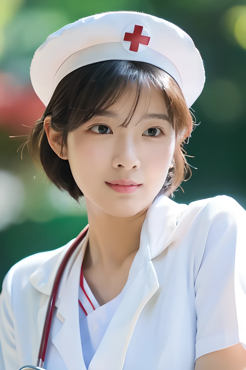 (8k, best quality, masterpiece:1.3), (Zoom out shot:1.2), (beautiful Japanese mature woman:1.3), shirt cut hair, (wearing white Nurse's uniform, Nurse's cap :1.2),
