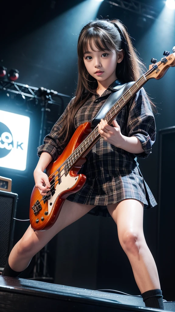 ((Beautiful girl playing electric bass on stage at rock concert)), Detailed electric bass, (Table Top), (Highest quality, 8K, masterpiece:1.2, RAW Photos), (Realistic:1.2), Japanese, (Innocent face, beautiful girl:1.2, Baby Face:1#39;s face), (Stand with your feet apart:1.2, Sexy Panty Shots:1.4), (Cute tank top and black mini skirt), (Cross pendant necklace accentuates the chest), Silky beautiful hair, Short pigtails, ((Detailed eyes and face:1.2, Professional photography techniques, Stage lighting)), (Detailed hands, A girl's small and beautiful hands:1.2), audience,