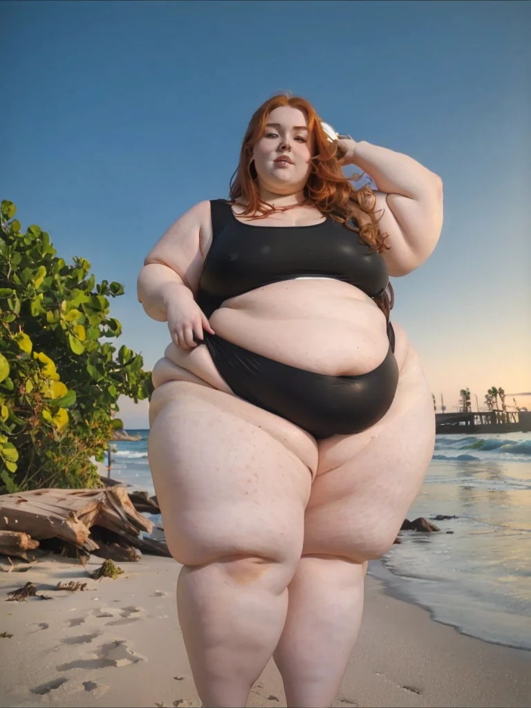 A Cute sitting photo of a Beautiful ginger BBW, with long wavy light Brownish-ginger hair, freckled body with big soft fat belly, thicc fat arms, thicc wide legs, small breasts, lot of freckles on arms, in a black swimsuit, standing on a beach