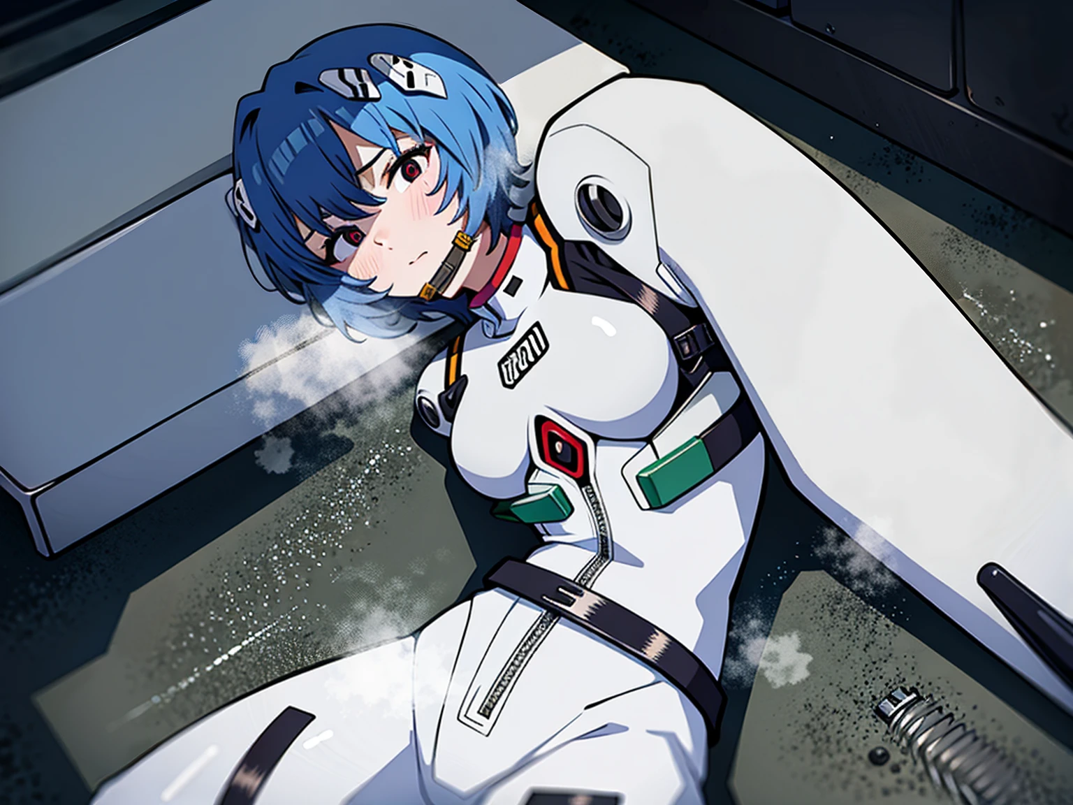 ((Highest quality, 8k wallpaper)),(masterpiece, Highest quality),Very detailed,High resolution,(Official Art:1.3),(((Anime screenshots,Black outline))),One girl,alone, Break mer1,(Rei Ayanami {Neon Genesis Evangelion,}1.2),masterpiece, best quality, outdoor, 1girl, Solo,red eyes,short hair,blue hair, (White plug suit:1.4), skin tight,(Tired look, A look of regret, Struggled, Half-closed eyes, fear, humiliation, Frightened, anxiety:1.3),(((Covered in sweat, Mass sweat, Sweating profusely,steam:1.7))), (lying on back, arms behind back:1.8), (Dirty Costume with mud,gym storeroom:1.5),(((dirty:1.4))),(((Tape Gag:1.6))),(((tape, gagged, bondage,  bound:1.4))),