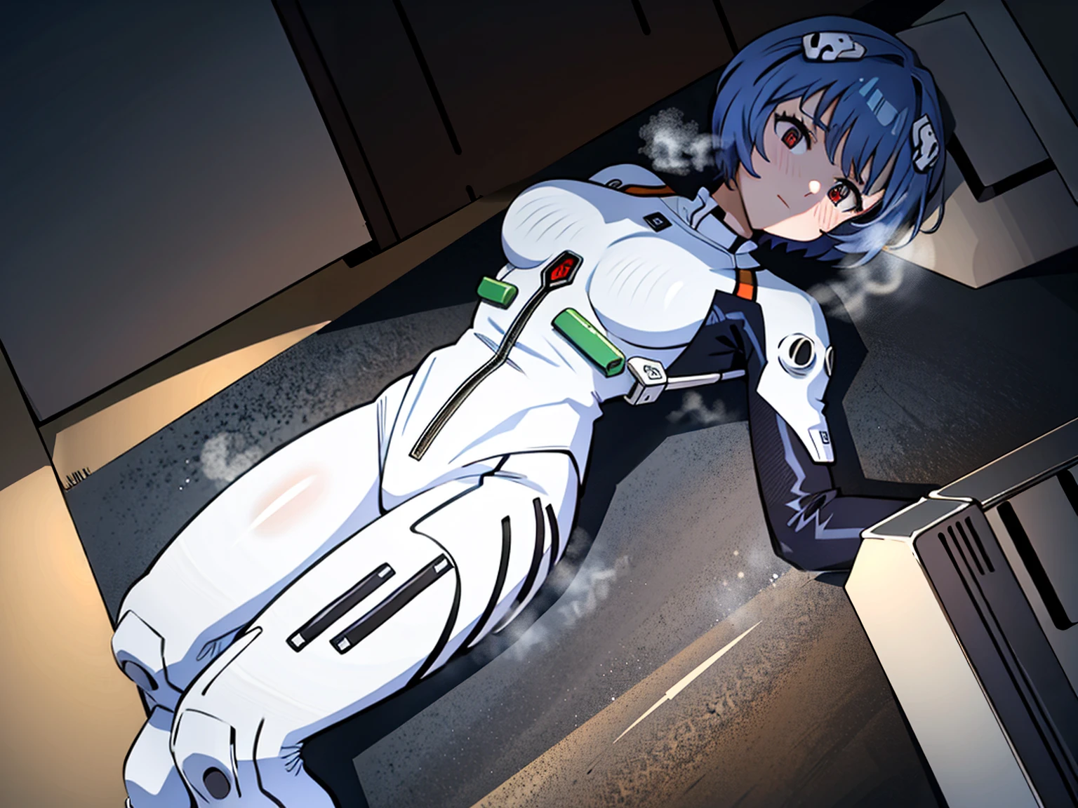 ((Highest quality, 8k wallpaper)),(masterpiece, Highest quality),Very detailed,High resolution,(Official Art:1.3),(((Anime screenshots,Black outline))),One girl,alone, Break mer1,(Rei Ayanami {Neon Genesis Evangelion,}1.2),masterpiece, best quality, outdoor, 1girl, Solo,red eyes,short hair,blue hair, (White plug suit:1.4), skin tight,(Tired look, A look of regret, Struggled, Half-closed eyes, fear, humiliation, Frightened, anxiety:1.3),(((Covered in sweat, Mass sweat, Sweating profusely,steam:1.7))), (lying on back, arms behind back:1.8), (Dirty Costume with mud,gym storeroom:1.5),(((dirty:1.4))),(((Tape Gag:1.6))),(((tape, gagged, bondage,  bound:1.4))),