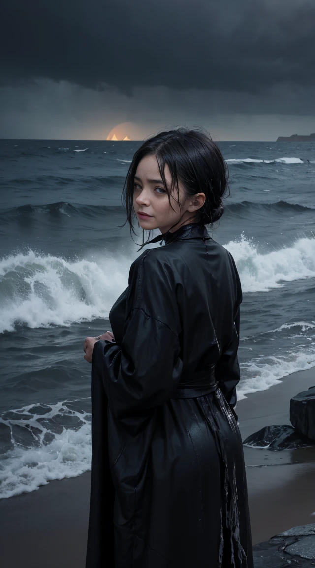 Create an eerie image of Isonade, an old woman with a hunched back and wet, ragged clothing. Her face should be deeply wrinkled, with a sinister, malevolent expression. The setting should be a rocky, stormy coastline at night, with an atmosphere of ancient, coastal mystery and dread.
