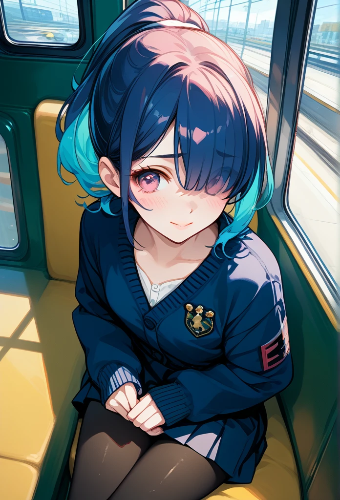 mature woman, mature face, pink eyes, shy expression, shy face, nervous smile, glossy lips, ponytail hair, (blue hair color, pink gradient hair color, azure color hair), bangs covering left eye, left blinding bangs hairstyle, mature body, small breasts, dark blue cardigan, short skirt, navy color skirt, pantyhose, sitting in train, bullet train, tokyo through windows, windows behind, above view