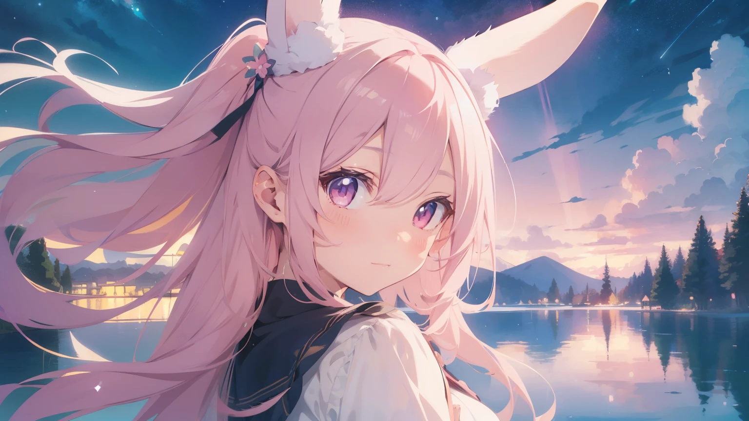 Beautiful illustrations, Highest quality, pretty girl, pastel colour, Fluffy bunny ears, Pink long hair,Pale pink eyes,Lake at night
