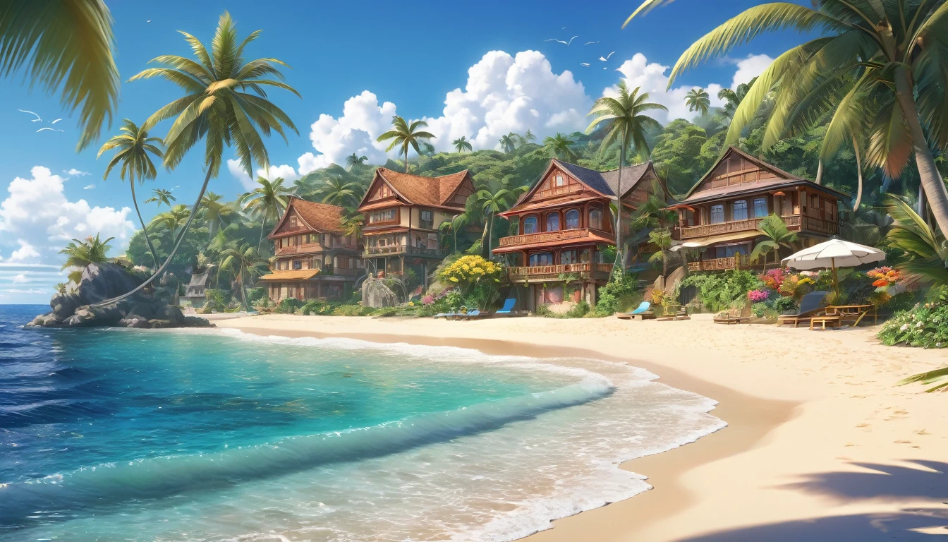 intricate detailed tropical landscape, anime style, lush foliage, beautiful blue skies, serene peaceful atmosphere, idyllic village, colorful houses, swaying palm trees, shimmering ocean, golden sandy beaches, vibrant flowers, intricate architectural details, soft lighting, detailed textures, (best quality,4k,8k,highres,masterpiece:1.2),ultra-detailed,(realistic,photorealistic,photo-realistic:1.37)