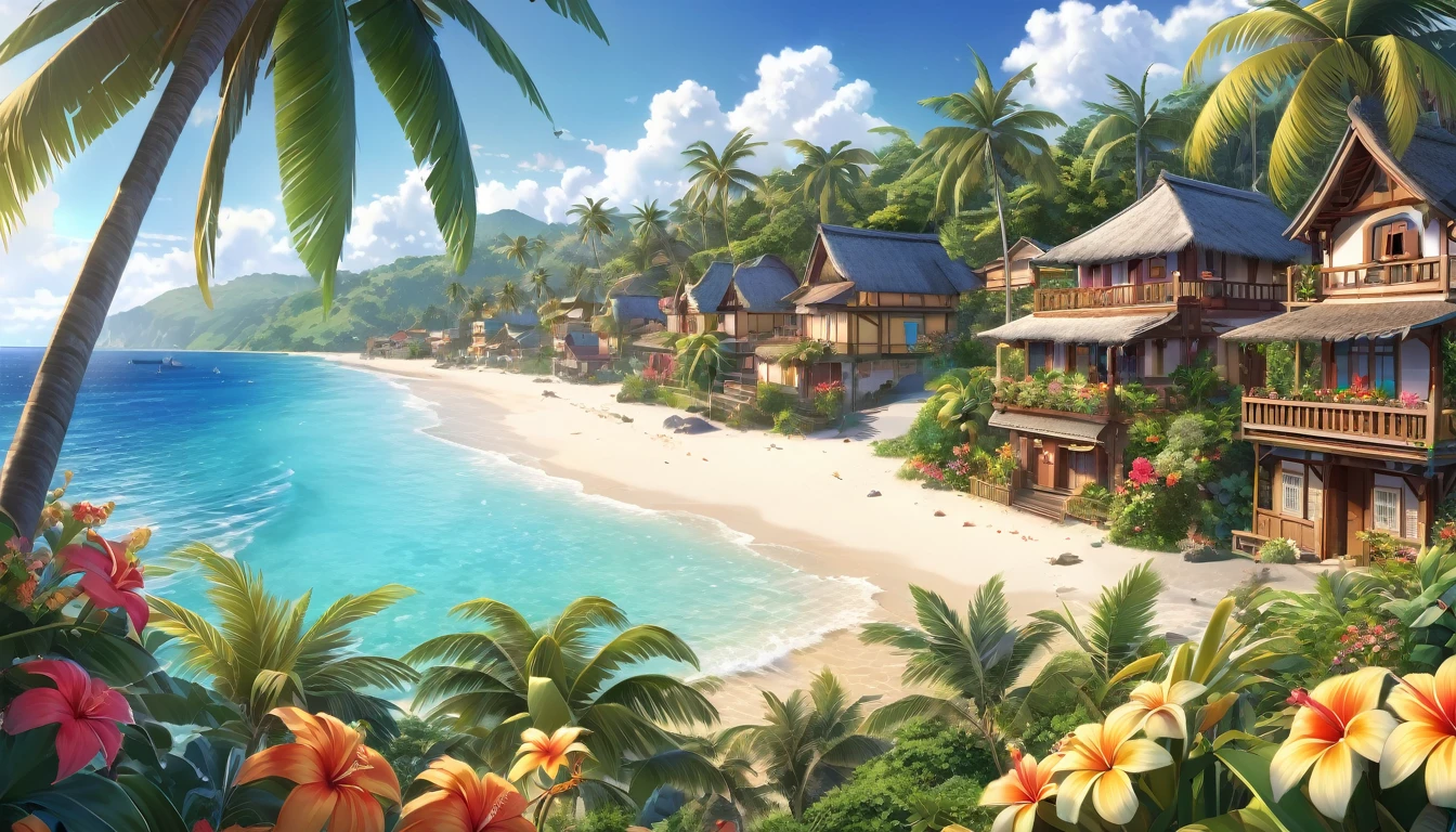 intricate detailed tropical landscape, anime style, lush foliage, beautiful blue skies, serene peaceful atmosphere, idyllic village, colorful houses, swaying palm trees, shimmering ocean, golden sandy beaches, vibrant flowers, intricate architectural details, soft lighting, detailed textures, (best quality,4k,8k,highres,masterpiece:1.2),ultra-detailed,(realistic,photorealistic,photo-realistic:1.37)