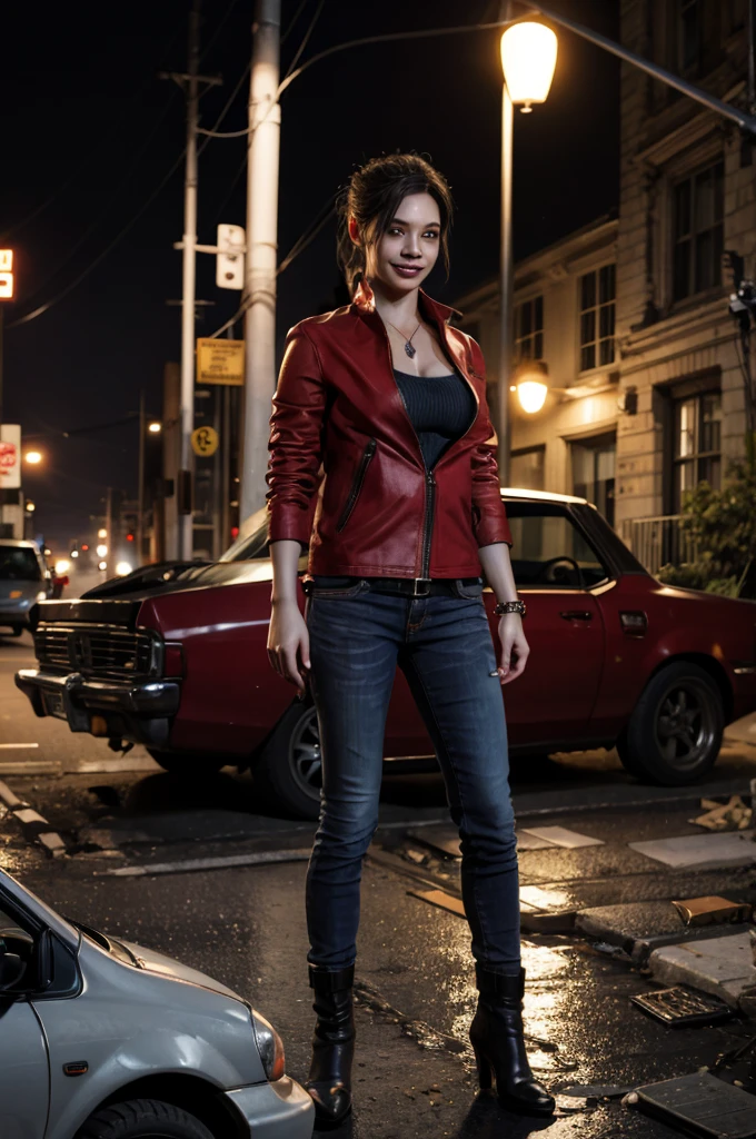 1girl, (realistic),(hyperrealism),(best quality),(masterpiece),(ultra high res),(photorealistic),idol,eye makeup,detailed eyes,detailed face,black dress, claireredfield2, brown hair, (red jacket:1.2), ponytail, (denim pants:1.3),, red wristband, grey inner bra, old black boots,, abandoned street, burning cars in background, littered street, smoke, chaos, zombie apocalypse, nighttime, streetlamp illumination, full moon,, flirting, looking at viewer, smiling