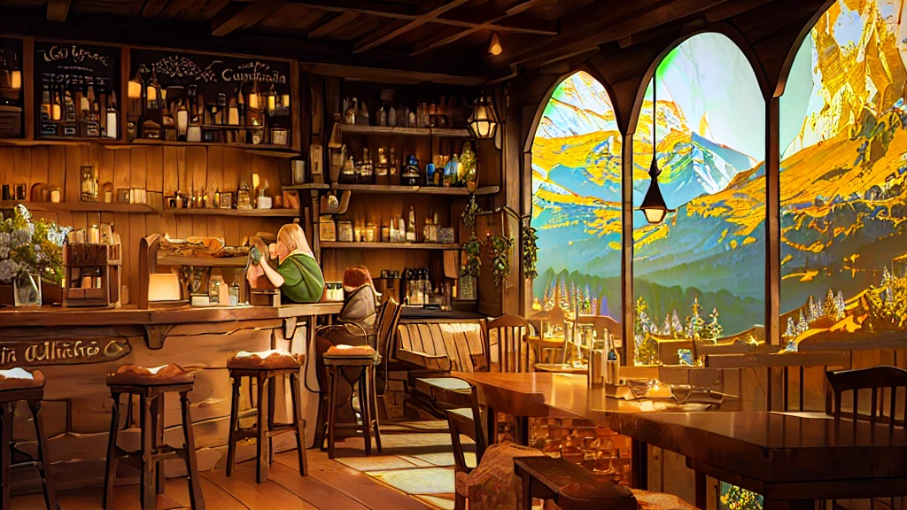 there is a bar with a lot of bottles of wine on it, cozy cafe background, a multidimensional cozy tavern, interior of a hobbit hole, coffee shop, cosy enchanted scene, fantasy bakery interior setting, cafe interior, cottagecore, interior of a mountain hut, highly detailed scene, 3d rendered matte painting, dimly-lit cozy tavern