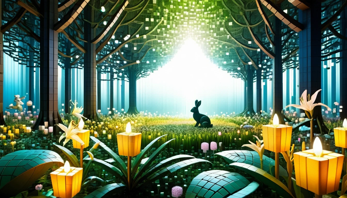 An enchanted forest made up of RAL-3D cubes, There are lots of small animals,Surrounded by fantastic light,Very beautiful secret forest,Small rabbits and lilies are gathered together
