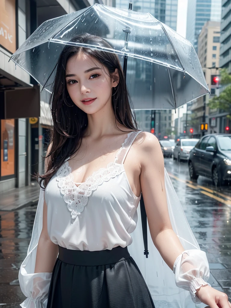 detailed,((best quality, 8K, masterpiece: 1.3)),upper body,dark brown hair, black eye,sharp focus: 1.2, beautiful woman with a perfect body: 1.4, ((Medium Hair, large: 1.2)), (small and beautiful hard (White blouse with lace、darkturquoise Gingham long maxi- skirt), (wet from rain: 1.2), (rain, street: 1.2), wet body: 1.1, Highly detailed face and skin texture, detailed eyes,White skin,,E cup,smile,Financial district of the big city,Skyscraper,White skin,Beautiful face,Modern skyscraper,