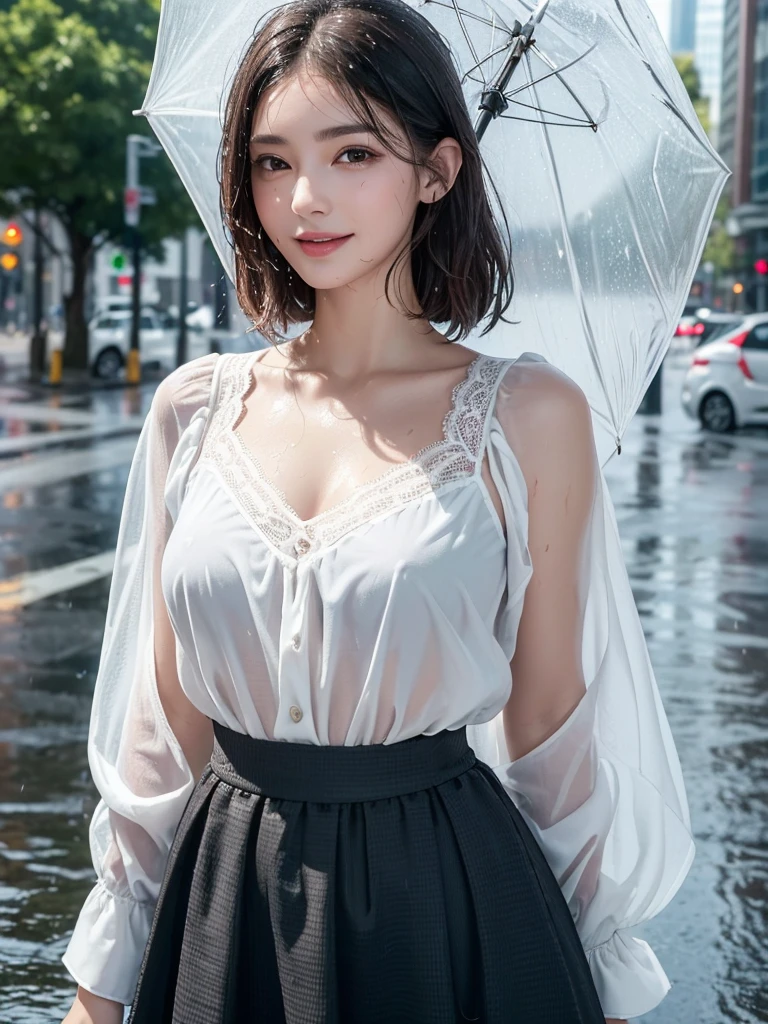 detailed,((best quality, 8K, masterpiece: 1.3)),upper body,dark brown hair, black eye,sharp focus: 1.2, beautiful woman with a perfect body: 1.4, ((Medium Hair, large: 1.2)), (small and beautiful hard (White blouse with lace、darkturquoise Gingham long maxi- skirt), (wet from rain: 1.2), (rain, street: 1.2), wet body: 1.1, Highly detailed face and skin texture, detailed eyes,White skin,,E cup,smile,Financial district of the big city,Skyscraper,White skin,Beautiful face,Modern skyscraper,