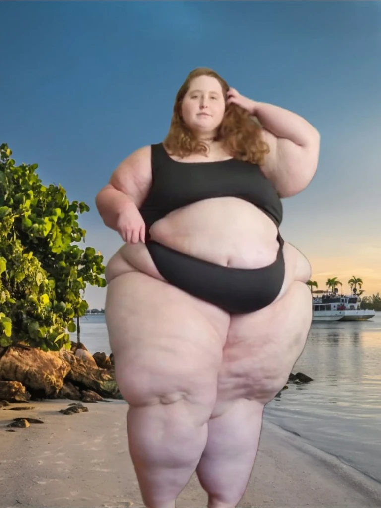 A Cute sitting photo of a Beautiful ginger BBW, with long wavy light Brownish-ginger hair, freckled body with big soft fat belly, thicc fat arms, thicc wide legs, small breasts, lot of freckles on arms, in a black swimsuit, standing on a beach 