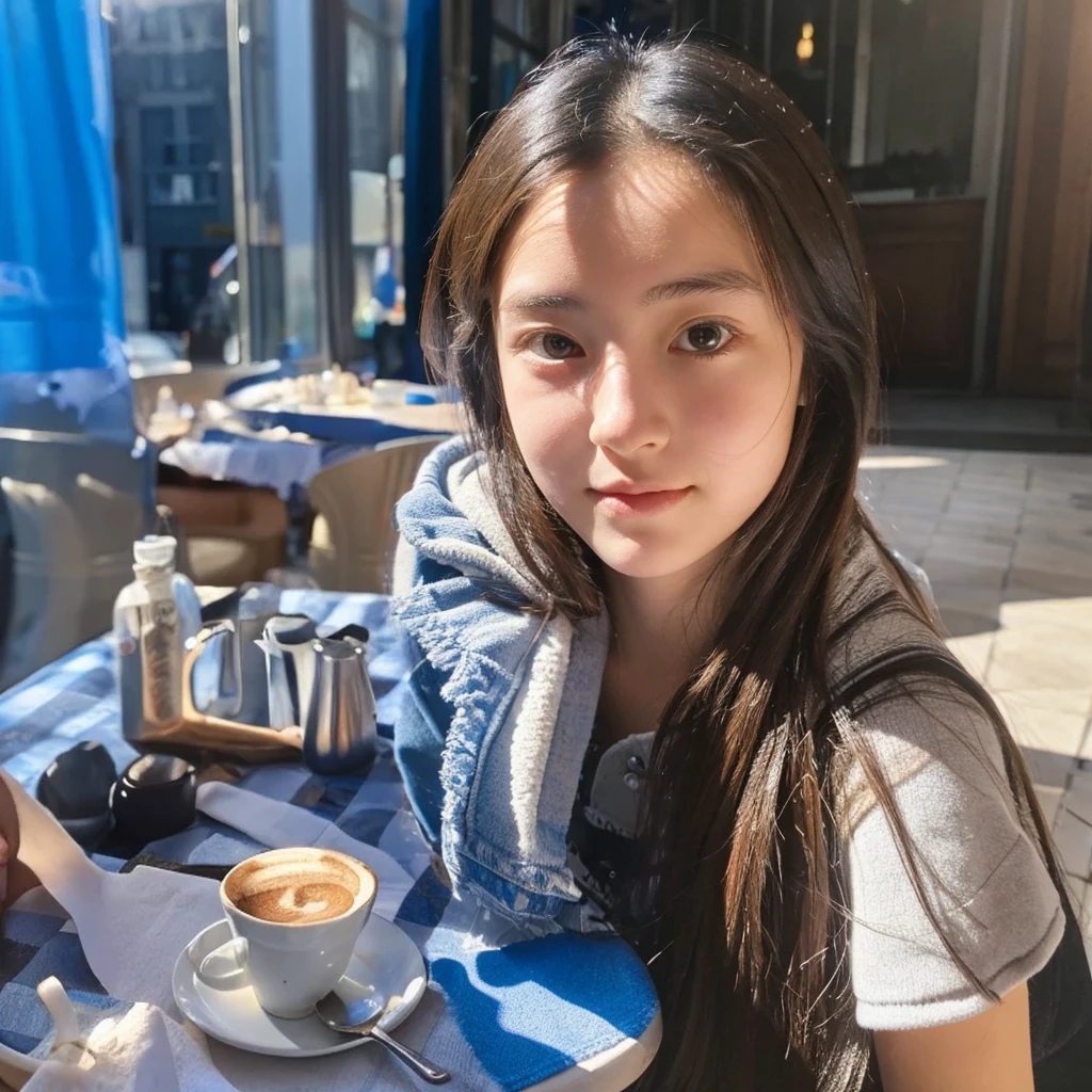Mood photo for advertising, girl sitting in a cafe, On a coffee table covered with a blue-and-white patch tablecloth., Close-up selfie, in paris, morning sunlight outside the window, realistic, selfie