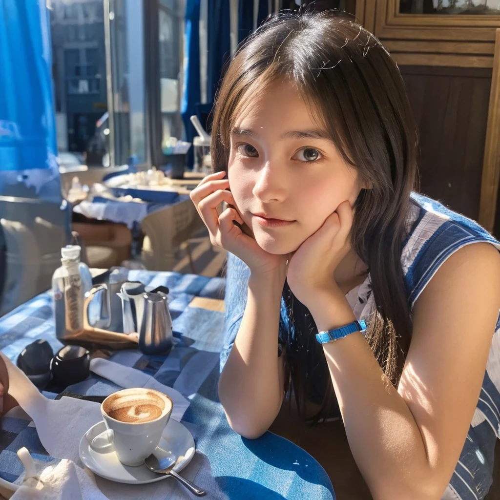 Mood photo for advertising, 16 year old girl sitting in a cafe, On a coffee table covered with a blue-and-white patch tablecloth., Close-up selfie, in paris, morning sunlight outside the window, realistic, selfie 