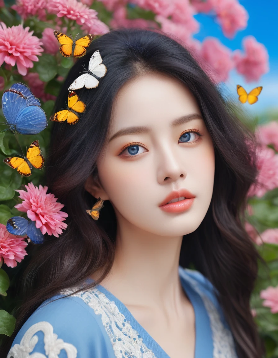 (Highest quality,4K,8K,High resolution,masterpiece:1.2),Super detailed,(Realistic,photoRealistic,photo-Realistic:1.37),Beautiful attention to detail,Beautiful lip detail,Highly detailed blue eyes and face,Long eyelashes,Flowing Hair,Garden view,Colorful flowers,Butterflies are flying,Soft lighting,Rich colors,Moderate: Oil, High nose,  