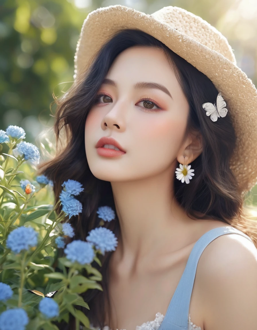 (Highest quality,4K,8K,High resolution,masterpiece:1.2),Super detailed,(Realistic,photoRealistic,photo-Realistic:1.37),Beautiful attention to detail,Beautiful lip detail,Highly detailed blue eyes and face,Long eyelashes,Flowing Hair,Garden view,Colorful flowers,Butterflies are flying,Soft lighting,Rich colors,Moderate: Oil, High nose,