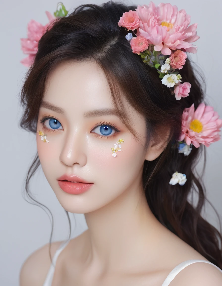 (Highest quality,4K,8K,High resolution,masterpiece:1.2),Super detailed,(Realistic,photoRealistic,photo-Realistic:1.37),Beautiful attention to detail,Beautiful lip detail,Highly detailed blue eyes and face,Long eyelashes,Flowing Hair,Garden view,Colorful flowers,Butterflies are flying,Soft lighting,Rich colors,Moderate: Oil, High nose,  