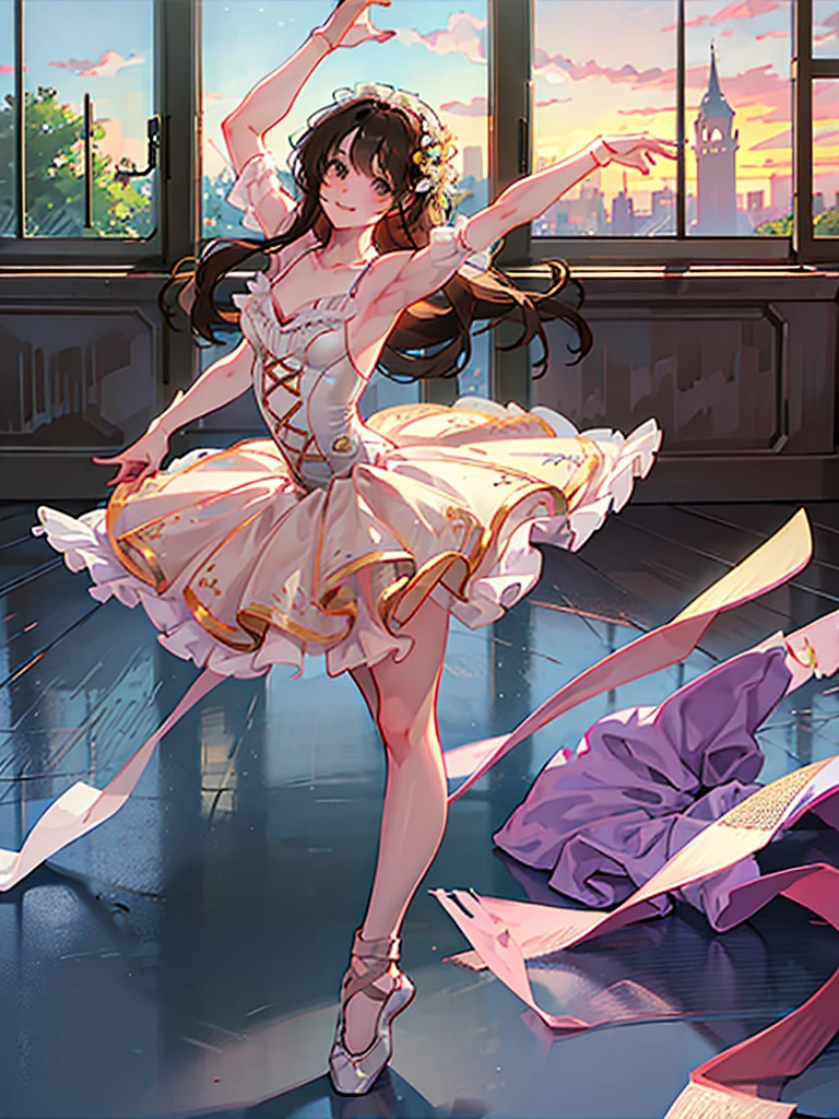 {{{{{{{{1girl, solo,}}}}}}} long brown hair, a maid, brown eyes, detailed eyes, ballerina dress, school shoes, detailed hair, smiling, background a room, early morning, detailed window, cheerful girl, dancing, ballet, big skirt