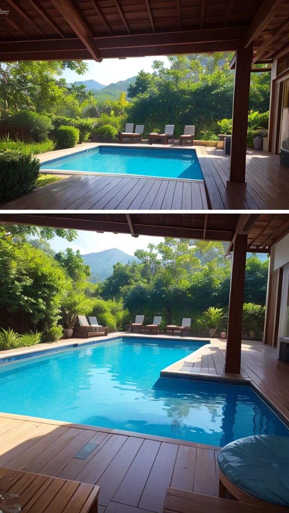(masterpiece,Highest quality:8K) Close-up of a swimming pool with sofas and tables, Next to the tropical pool, Next to the pool, Close to real nature, 😭 🤮 💕 🎀, beautiful place, Calm and peaceful style, Snapchat Photos, paradise in the background, 素晴らしいmasterpiece, Dreamy details, Dream Pool, Sit on the edge of the pool, Pools and Streams