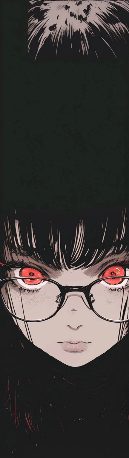 anime, girl, glasses, red eyes, black background, eyes, with haunted eyes and glasses, junji ito 4 k, with red glowing eyes, ito junji art, with glowing red eyes, with red eyes, junji ito artwork, subtle junji ito, fully red eyes, dark illustration, with haunted eyes and dark hair, dark glasses