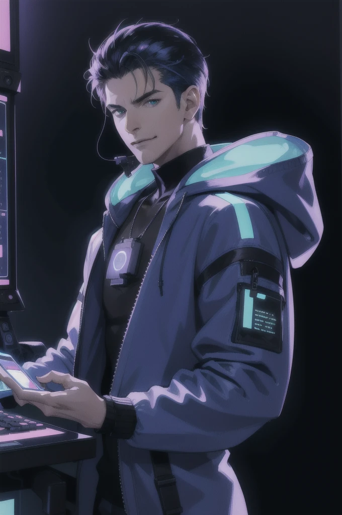 (absurdres, highres, ultra detailed), 1 male, mature, manly, tall muscular, handsome, finely detailed eyes, intricate details, portrait, looking at viewer, solo, half shot, detailed background, detailed face, (1980s synthwave theme:1.1) high-tech futuristic hacker, smirk, advanced technology, hoodie, techwear, wearable device, keycard, cables, (holographic display:1.05), computer, password, control panel in background, blue lights, dark sinister atmosphere, shadows,
