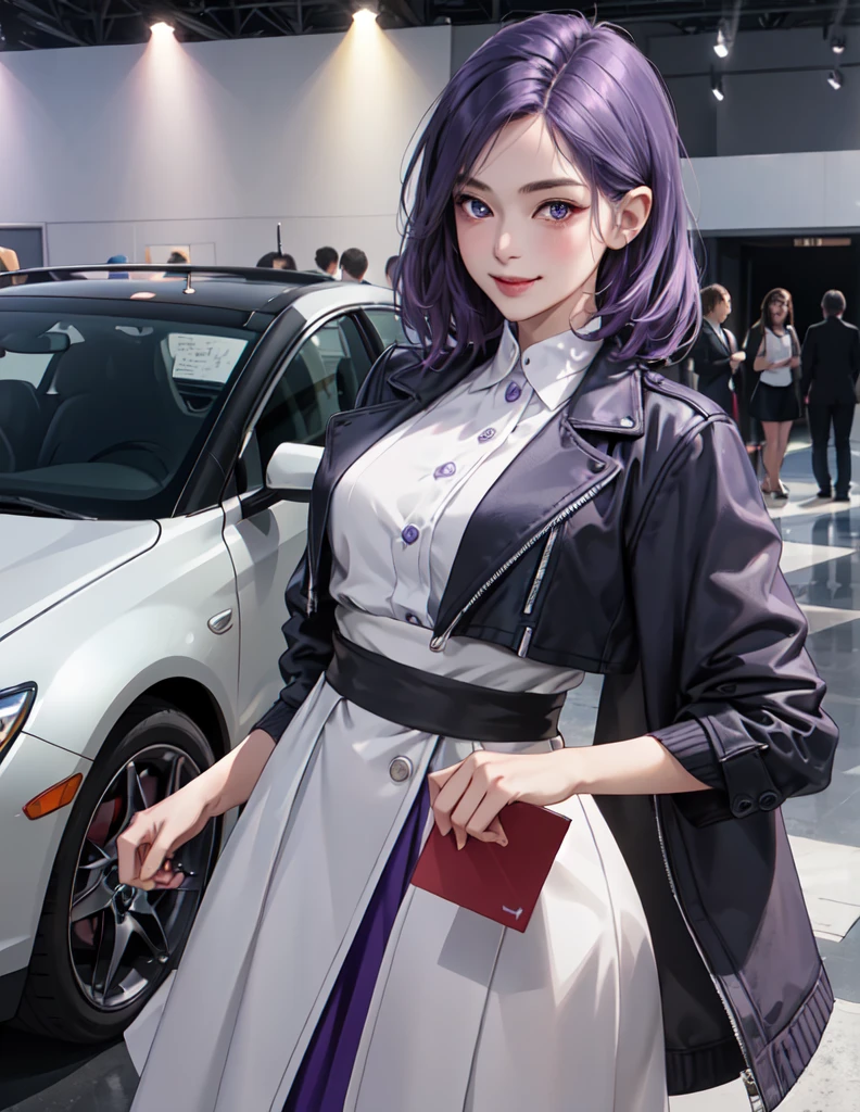 1 male standing, event staff (simple and chic costume), messy short bluish-purple hair, large expressive purple eyes, blush kind smile, (masterpiece best quality:1.2) delicate illustration ultra-detailed BREAK (standing next to the latest model car), (holding pamphlet) BREAK (motor show indoors), audience, detailed background