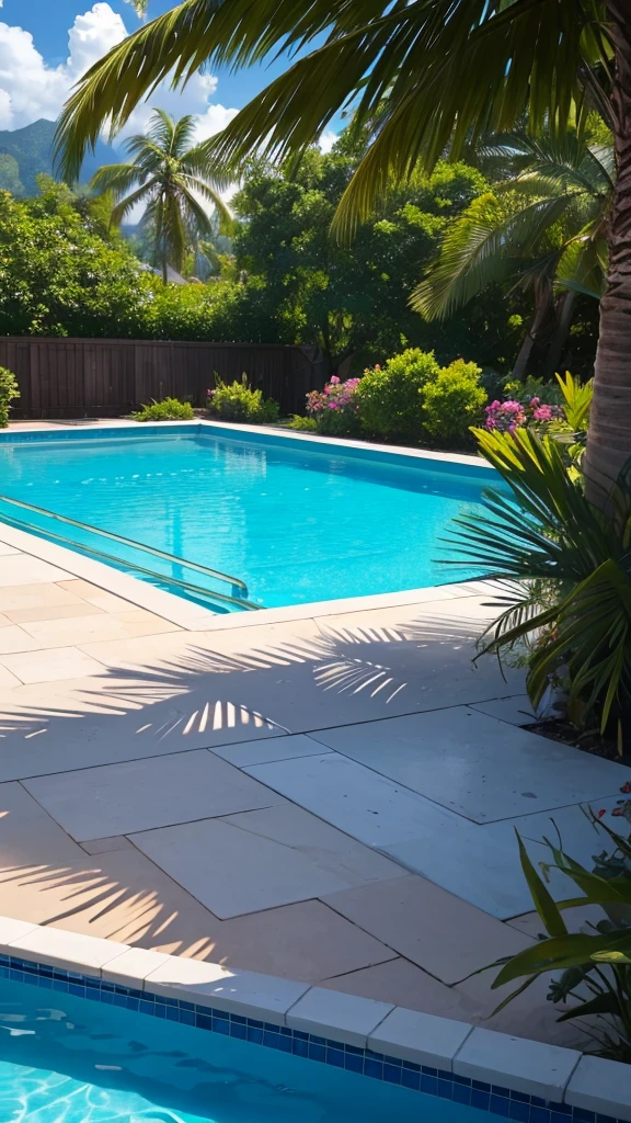 (masterpiece,Highest quality:8K) Close-up of a swimming pool with sofas and tables, Next to the tropical pool, Next to the pool, Close to real nature, 😭 🤮 💕 🎀, beautiful place, Calm and peaceful style, Snapchat Photos, paradise in the background, 素晴らしいmasterpiece, Dreamy details, Dream Pool, Sit on the edge of the pool, Pools and Streams