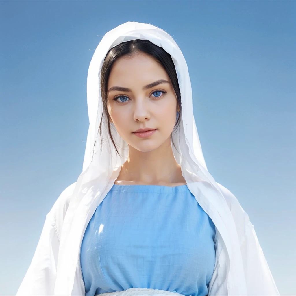 Beautiful woman with light blue eyes Very detailed, Raised eyebrows, Black hair. White linen tunic with wide, long sleeves, fitted at the waist with an interlaced white sash. Delicate female face with slight smile.