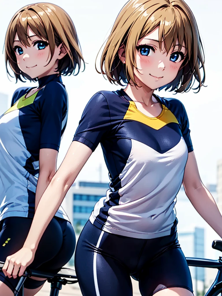 1 girl, solo, Highest quality, masterpiece,smile、(Anime illustration style:1.2),Hayate Yagami, (eating iced-cream), 、low twintale、a little lighter brown hair、Closed Mouth、short sleeve cycling jersey、cycling half pants、Cowboy Shot、(Genuine、Realistic、Realistic:1.10)、High resolution、超High resolution、Ultra-fine painting、Sharp focus、Physically Based Rendering、Cowboy Shot,(Moe:1.10)、looking at viewer, leaning to the side, standing, (white background)