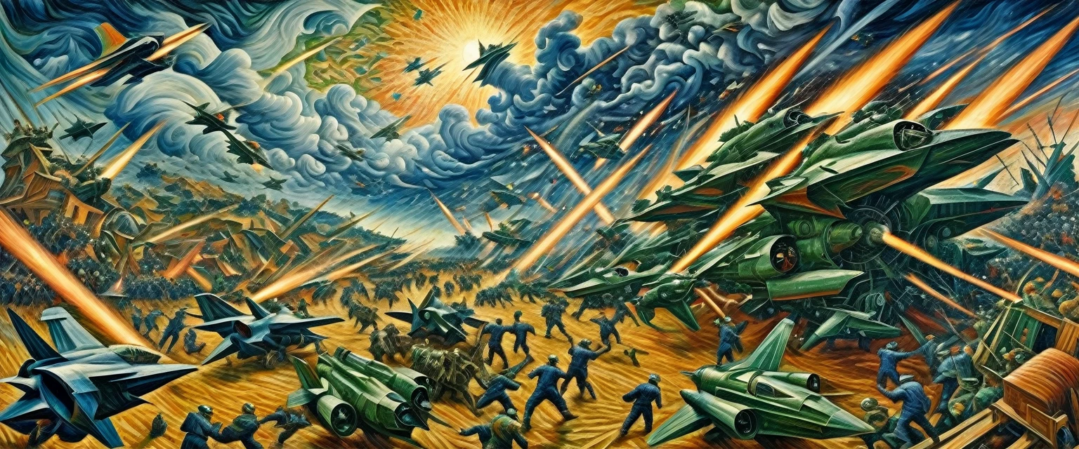 [panorama]:(best quality, Masterpiece:1,6)Space War((style by Umberto-Boccioni)), (oil painting), Detailed illustration, grotesque, Intricate details, tempering, (aesthetics), excitement, hyper-realistic, insanely detailed, 8k