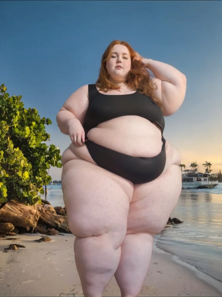 A Cute sitting photo of a Beautiful ginger BBW, with long wavy light Brownish-ginger hair, freckled body with big soft fat belly, thicc fat arms, thicc wide legs, small breasts, lot of freckles on arms, in a black swimsuit, standing on a beach