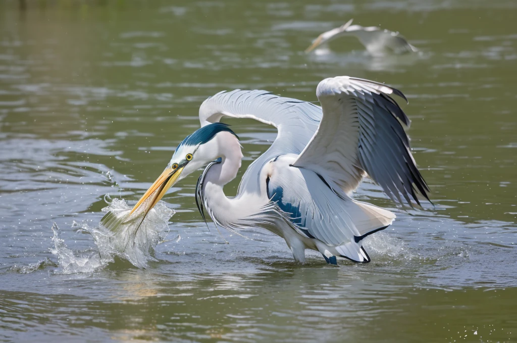 There was a bird standing in the water，A fish in his mouth, heron prestorn, Fierce Battle, tensedmoment, Photos taken with Nikon D750, Photos taken with Nikon D750, Award-winning photos, Beautiful and graceful, heron, Fierce battles, very happy!, Award-winning shots, Photo showing, Small fish