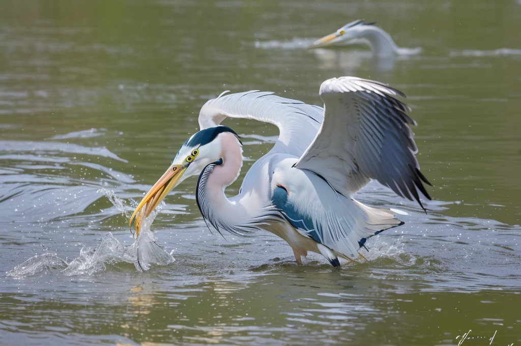 There was a bird standing in the water,A fish in his mouth, heron prestorn, Fierce Battle, tensedmoment, Photos taken with Nikon D750, Photos taken with Nikon D750, Award-winning photos, Beautiful and graceful, heron, Fierce battles, very happy!, Award-winning shots, Photo showing, Small fish