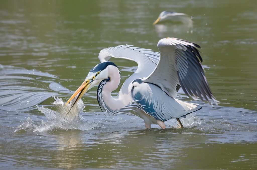 There was a bird standing in the water,A fish in his mouth, heron prestorn, Fierce Battle, tensedmoment, Photos taken with Nikon D750, Photos taken with Nikon D750, Award-winning photos, Beautiful and graceful, heron, Fierce battles, very happy!, Award-winning shots, Photo showing, Small fish