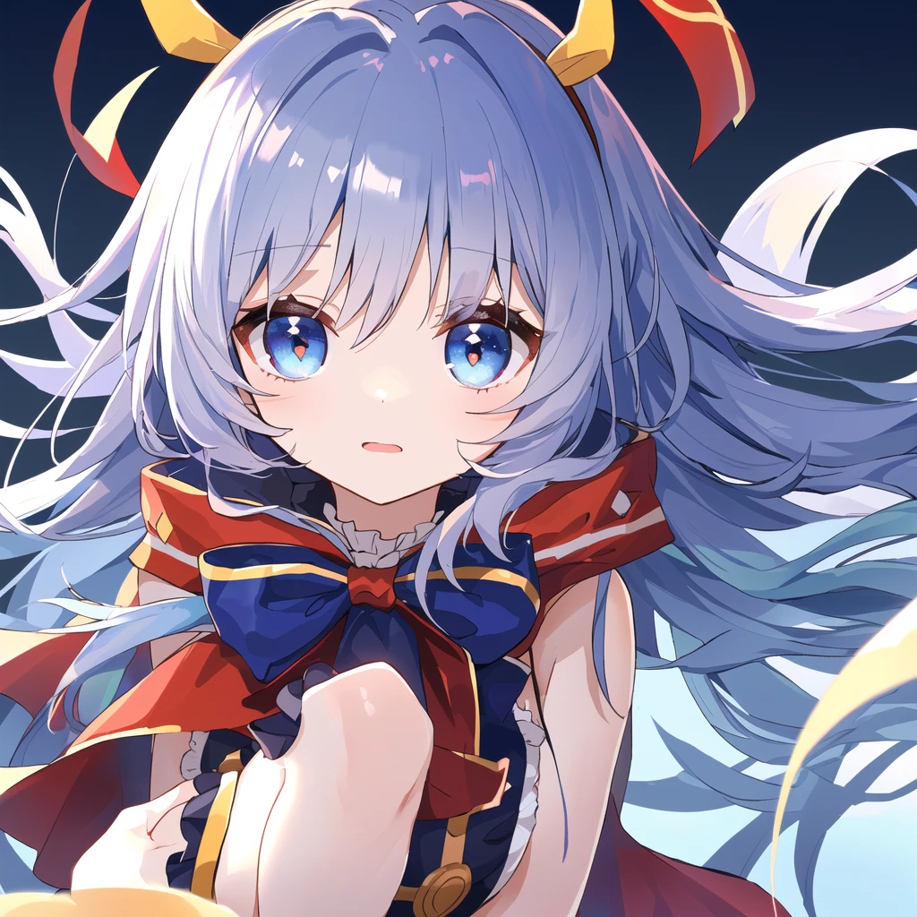 ((Highest quality)), ((masterpiece)), (detailed), One girl, anime, skirt, Face close-up, (Long Hair, Curly Hair, Light blue hair, Straight bangs, Hime cut), Idol, ribbon, Frills, fluffy, (Big eyes, Droopy eyes, Dark circles under the eyes, Lower eyelid corners droop),