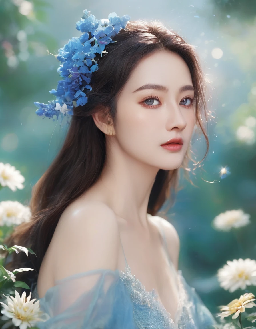 (Highest quality,4K,8K,High resolution,masterpiece:1.2),Super detailed,(Realistic,photoRealistic,photo-Realistic:1.37),Beautiful attention to detail,Beautiful lip detail,Highly detailed blue eyes and face,Long eyelashes,Flowing Hair,Garden view,Colorful flowers,Butterflies are flying,Soft lighting,Rich colors,Moderate: Oil, High nose,  