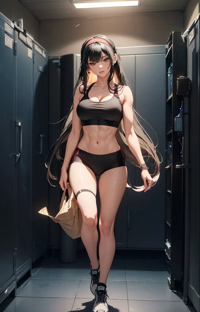 ((1girl, solo)), beautiful body, (perfect anatomy, perfect body, perfect hands, perfect legs), natural proportions, sexy body, large breasts, ((abs)), ((muscular female)), ((full body, full body front)) BREAK
((extremely detailed face)), (beautiful detailed eyes:1.6), (realistic pupils, realistic iris:1), expressive eyes, looking at viewer, (clear eyes:1.3), (hyperrealistic:1.2), (detailed skin texture:1.2), smooth skin, yor briar, ((black hair:1.5), (red eyes:1.3), long hair, hairband, (white hairband:1.3), sidelocks, bangs, ((mature female)), ((little smile)), (detailed lips:1.2), (attractive lips:1.1), (glossy lips:1.1), (parted lips), perfect face, perfect eyes BREAK
((sports bra)), buruma, ass visible through thighs, shoes, (black sportswear), black shorts, midriff BREAK
(masterpiece:1.5), anime-style, top quality, best quality, (beautiful and aesthetic:1.2), (ultra detail:1.5), Ultra-detailed depiction, Ultra-precise depiction, extremely detailed 8k illustration, high resolution, (highly detailed shading:1.2), (realistic lighting:1.4), perfect lighting, vibrant colors, dynamic tones, striking hues, 8k, absurd resolution, perfect shadows, hdr, UHD, ambient lighting, realistic, ultra-realistic, photo realistic, highly detailed, rich detail, luminous colors, fine texture, intricate design, professional illustration, (soft light:1.2), (illustration:0.7)