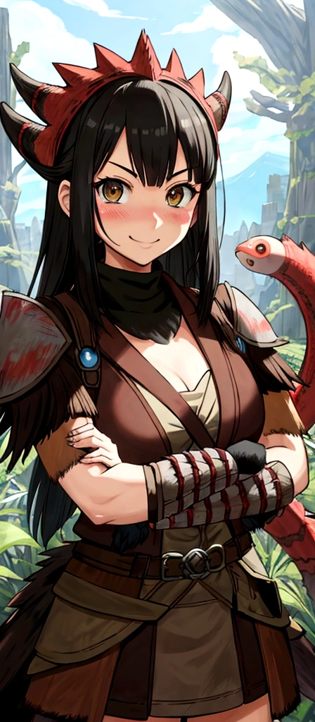 ((monsterhunter)), looking the viewer, solo, girl, shy, red cheek, bashful, embarrassed, smiling, happy, perfect face, muscular, long hair, beautiful eye, warrior, upper body