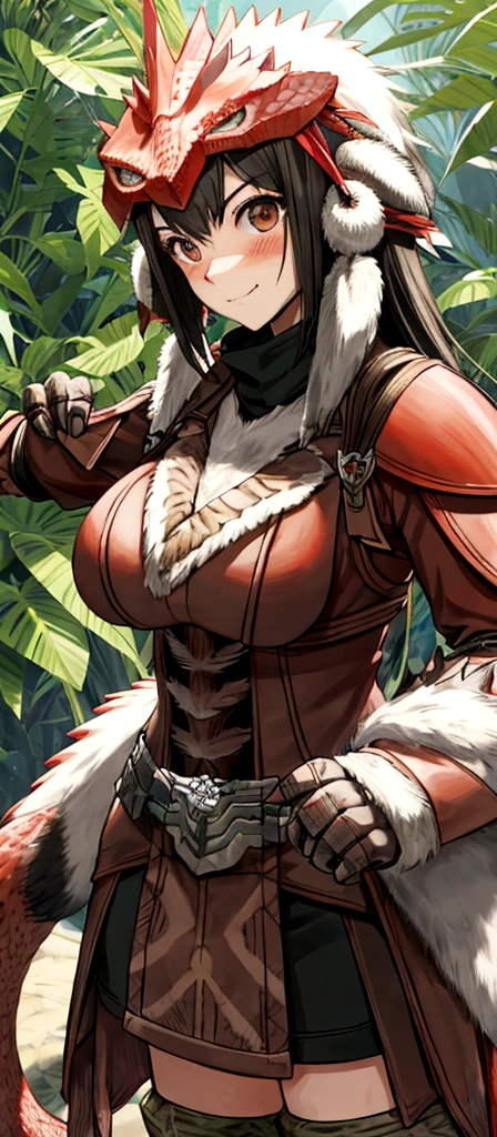 ((monsterhunter)), looking the viewer, solo, girl, shy, red cheek, bashful, embarrassed, smiling, happy, perfect face, muscular,  long hair, beautiful eye, warrior, upper body