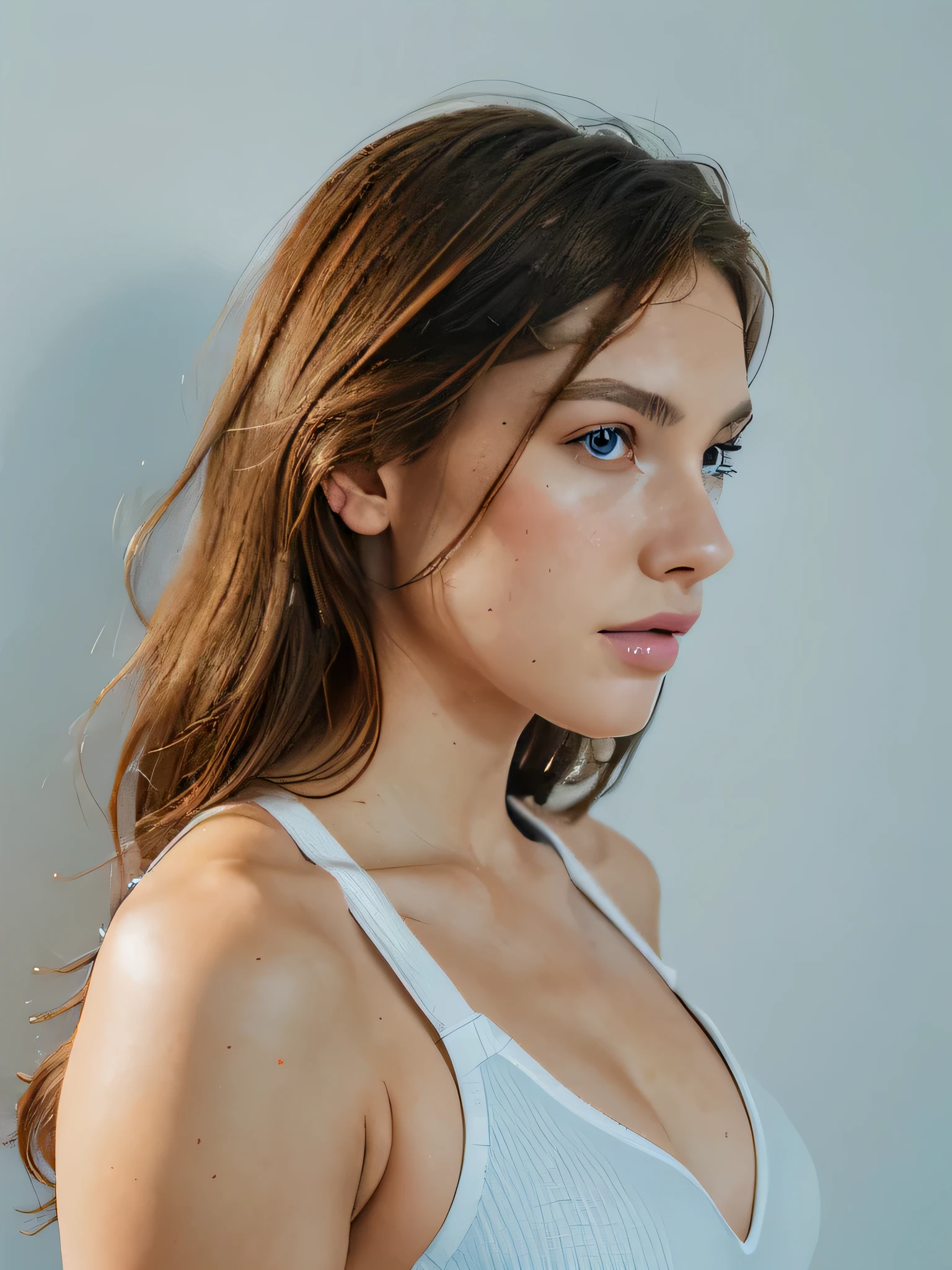 Solo , beautiful looking women, light blue eyes hazel eyes, fair skin ,pink lips , perfect female model face , side profiles, portrait black brown hairs, model face , wearing white sports bra , white wall background, portrait, high quality,good lighting,clear face ,light blue eyes, beautiful eyes , detailed eyes 