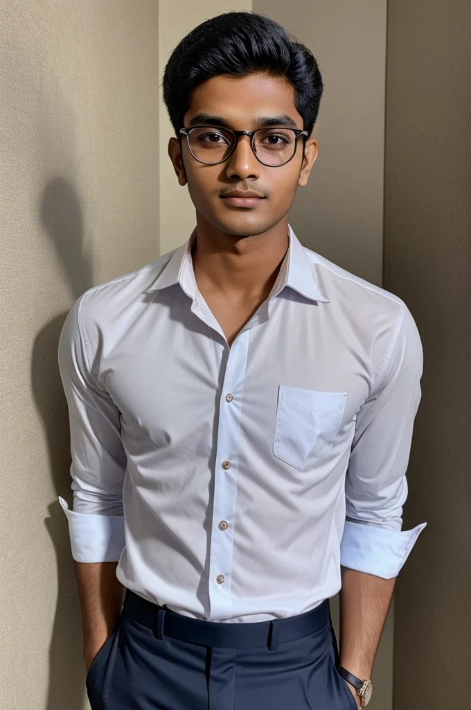 21 year old indian boy With fair skin Wearing spectacles and narrow body Posing for a linkedin picture in formals