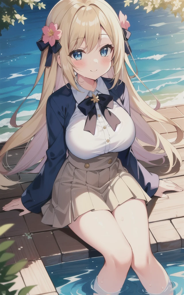 masterpiece, best quality,1 Girl, Bangs, Blonde hair, blue eyes, blush, , skirt, flower, Hair accessories, Large Breasts, Long sleeve, Looking at the audience, outdoor, skirt, Smile, Solitary, thigh, water, White shoes,