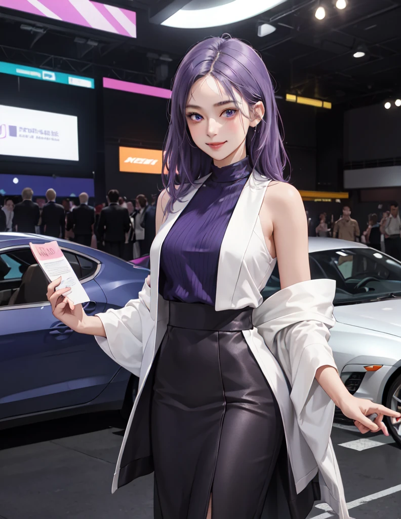 1 male standing, event staff (simple and chic costume), messy short bluish-purple hair, large expressive purple eyes, blush kind smile, (masterpiece best quality:1.2) delicate illustration ultra-detailed BREAK (standing next to the latest model car), (holding pamphlet) BREAK (motor show indoors), audience, detailed background
