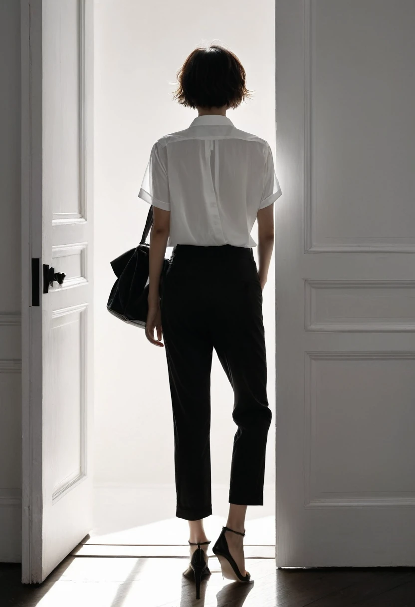 A plain white shirt and black pants,Back view of a woman with messy short hair,She walked through a black door,Black inside door。She was illuminated by the light and three shadows were cast into the door。The shadow is other than the woman's own,There are two shadows, one male and one female, on the left and right.。Bird's-eye view。