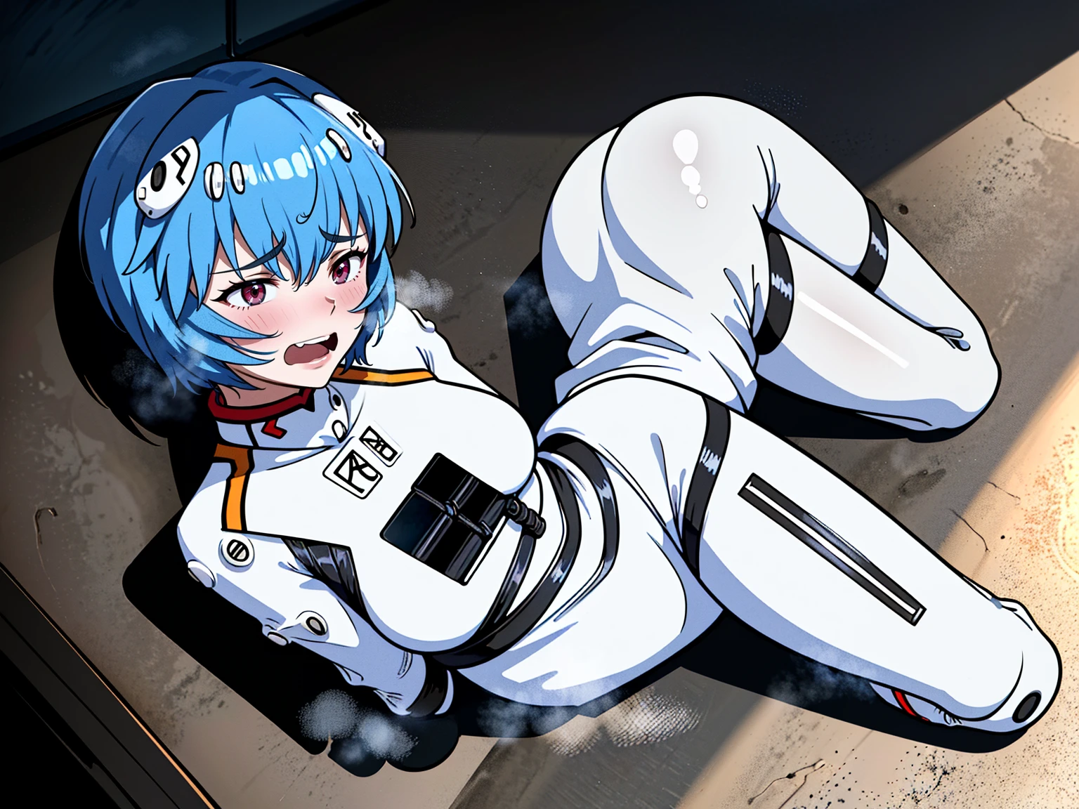 ((Highest quality, 8k wallpaper)),(masterpiece, Highest quality),Very detailed,High resolution,(Official Art:1.3),(((Anime screenshots,Black outline))),One girl,alone, Break mer1,(Rei Ayanami {Neon Genesis Evangelion,}1.2),masterpiece, best quality, outdoor, 1girl, Solo,red eyes,short hair,blue hair, (White plug suit:1.4), skin tight,(Tired look, A look of regret, Struggled, Half-closed eyes, fear, humiliation, Frightened, anxiety:1.3),(((Covered in sweat, Mass sweat, Sweating profusely,steam:1.7))), (lying on back, arms behind back:1.8), (Dirty Costume with mud,gym storeroom:1.5),(((dirty:1.4))),(((Tape Gag:1.6))),(((tape, gagged, bondage,  bound:1.4))),