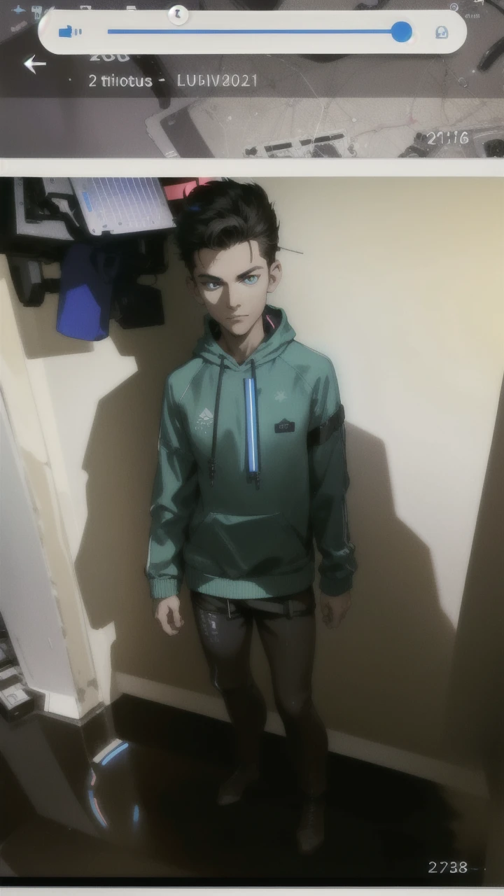 (absurdres, highres, ultra detailed), 1 male, mature, manly, tall muscular, handsome, finely detailed eyes, intricate details, portrait, looking at viewer, solo, half shot, detailed background, detailed face, (1980s synthwave theme:1.1) high-tech futuristic hacker, smirk, advanced technology, hoodie, techwear, wearable device, keycard, cables, (holographic display:1.05), computer, password, control panel in background, blue lights, dark sinister atmosphere, shadows,