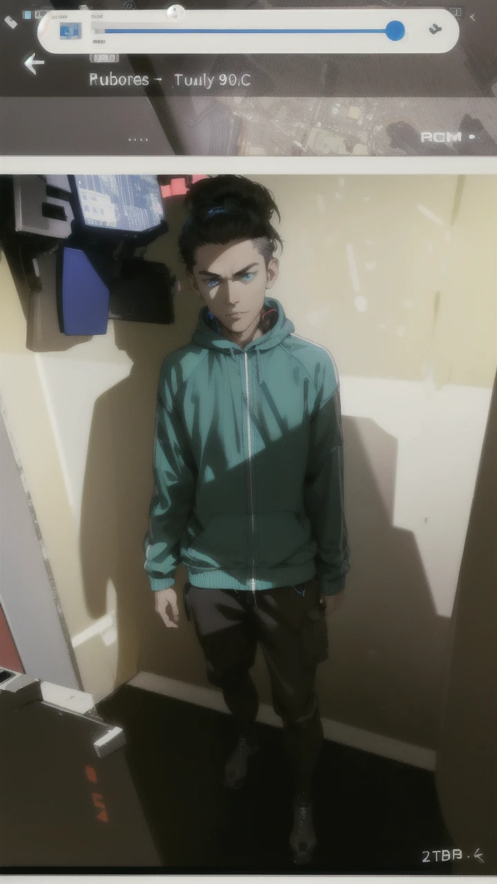(absurdres, highres, ultra detailed), 1 male, mature, manly, tall muscular, handsome, finely detailed eyes, intricate details, portrait, looking at viewer, solo, half shot, detailed background, detailed face, (1980s synthwave theme:1.1) high-tech futuristic hacker, smirk, advanced technology, hoodie, techwear, wearable device, keycard, cables, (holographic display:1.05), computer, password, control panel in background, blue lights, dark sinister atmosphere, shadows,