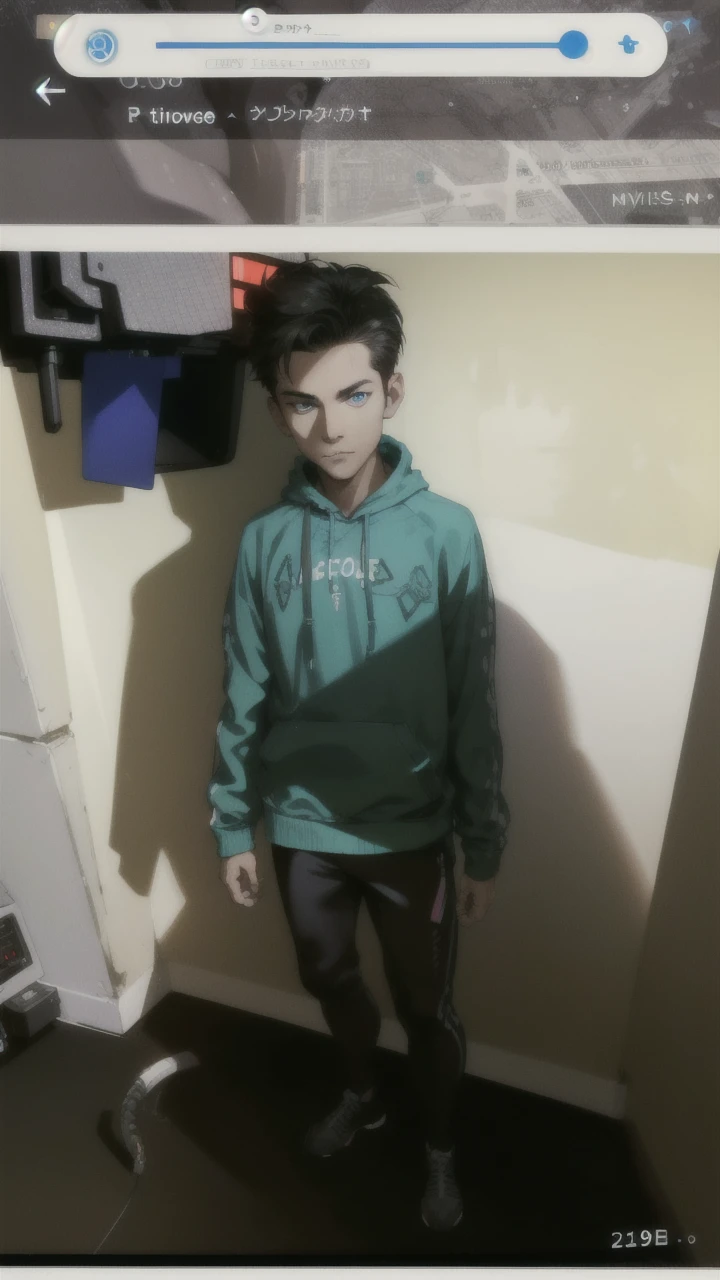 (absurdres, highres, ultra detailed), 1 male, mature, manly, tall muscular, handsome, finely detailed eyes, intricate details, portrait, looking at viewer, solo, half shot, detailed background, detailed face, (1980s synthwave theme:1.1) high-tech futuristic hacker, smirk, advanced technology, hoodie, techwear, wearable device, keycard, cables, (holographic display:1.05), computer, password, control panel in background, blue lights, dark sinister atmosphere, shadows,